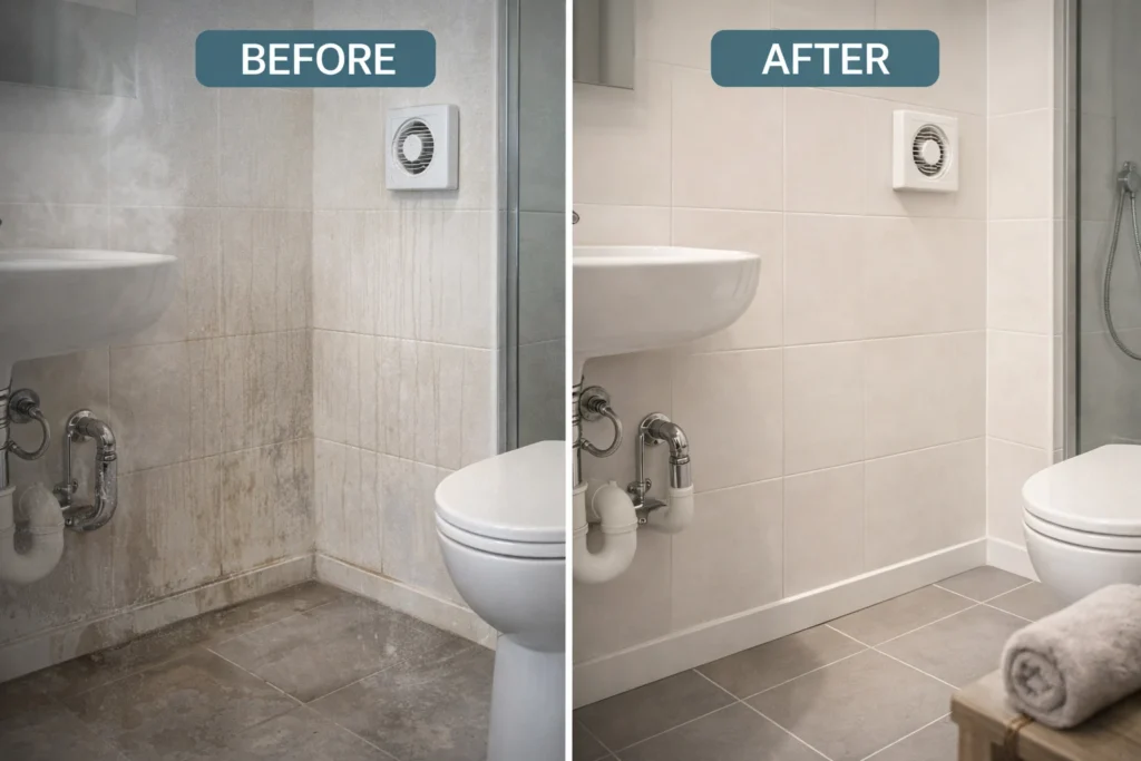 Before and after bathroom showing moisture control pest management with dry walls, sealed pipes, and improved ventilation