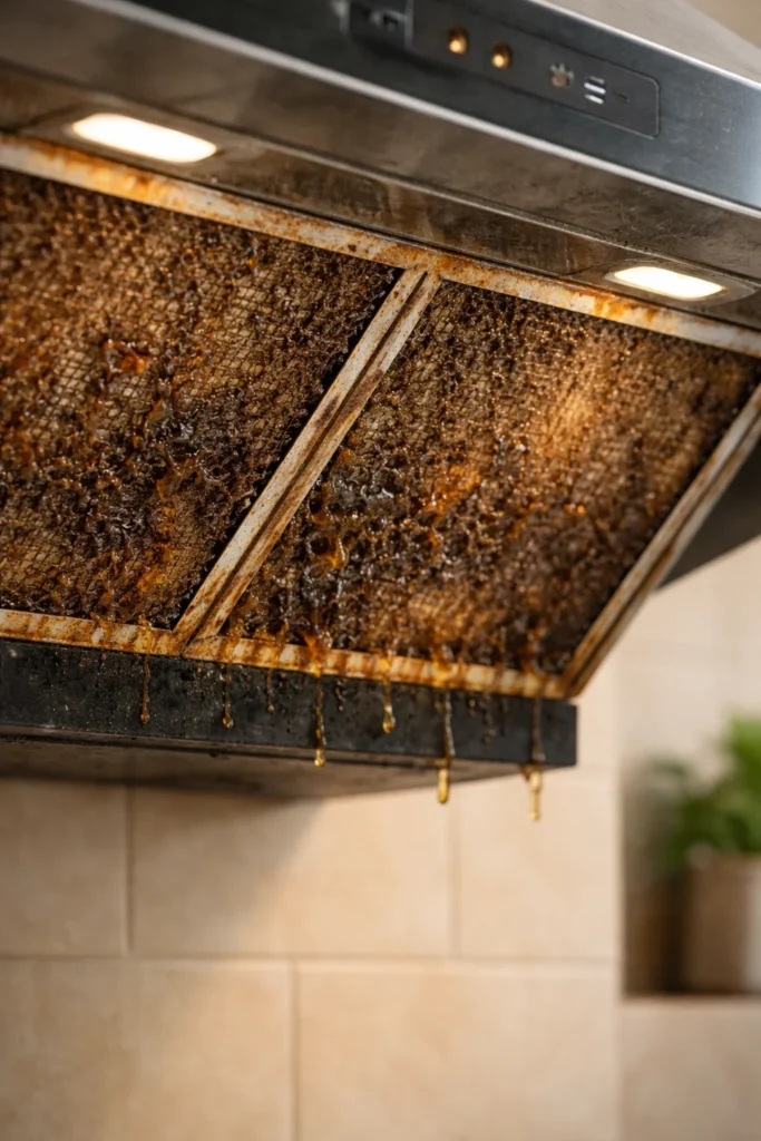 Grease-clogged kitchen chimney filter indicating chimney cleaning and repair service needed in Hyderabad