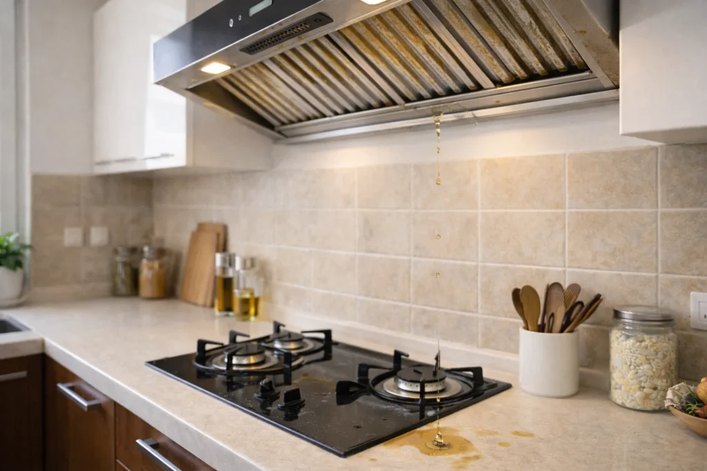 Oil leaking from a kitchen chimney due to grease buildup, highlighting the need for chimney cleaning