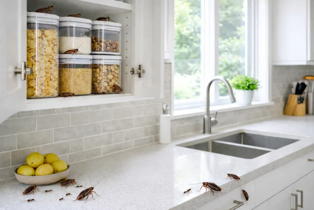 Cockroach infestation in a home kitchen highlighting the need for pest control services in Hyderabad