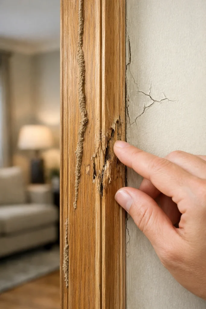 Warning Signs of Termite : Homeowner inspecting early signs of termites on a damaged wooden door frame