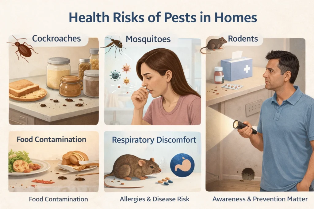 Health risks of pests showing cockroaches, mosquitoes, and rodents causing allergies, food contamination, and disease risk