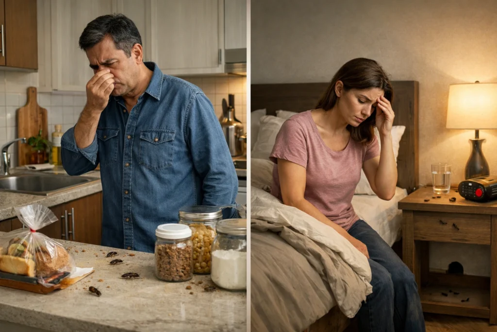 Health risks of pests shown in untreated kitchen and bedroom affecting homeowner health and indoor hygiene