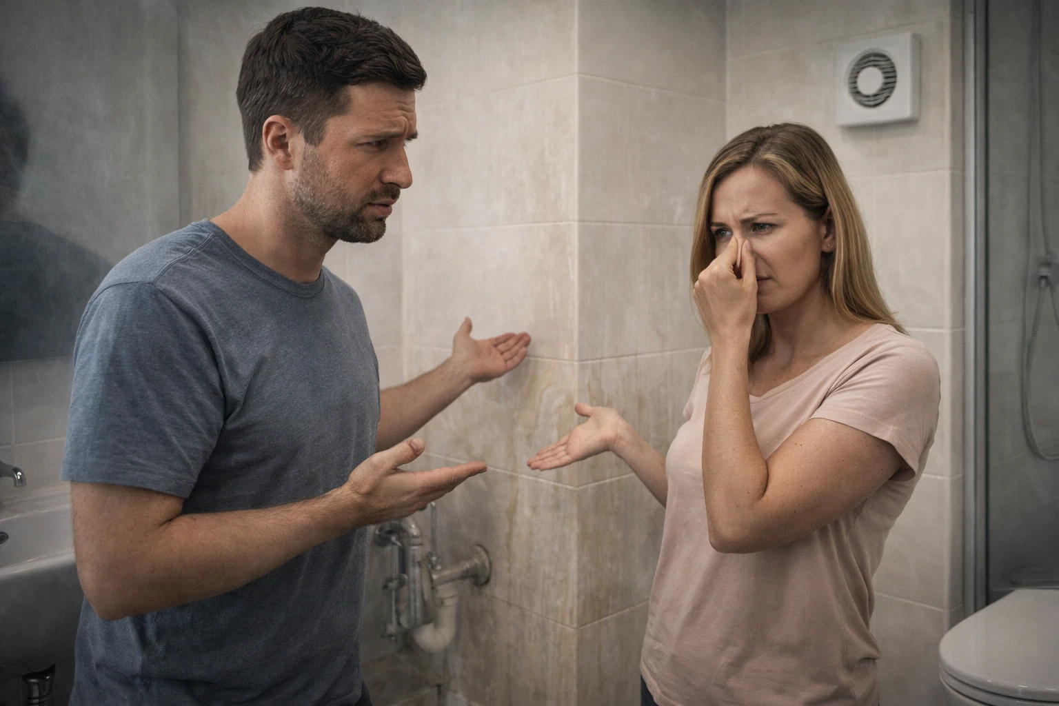 Man and woman showing irritation caused by moisture control pest management issues in a damp home interior