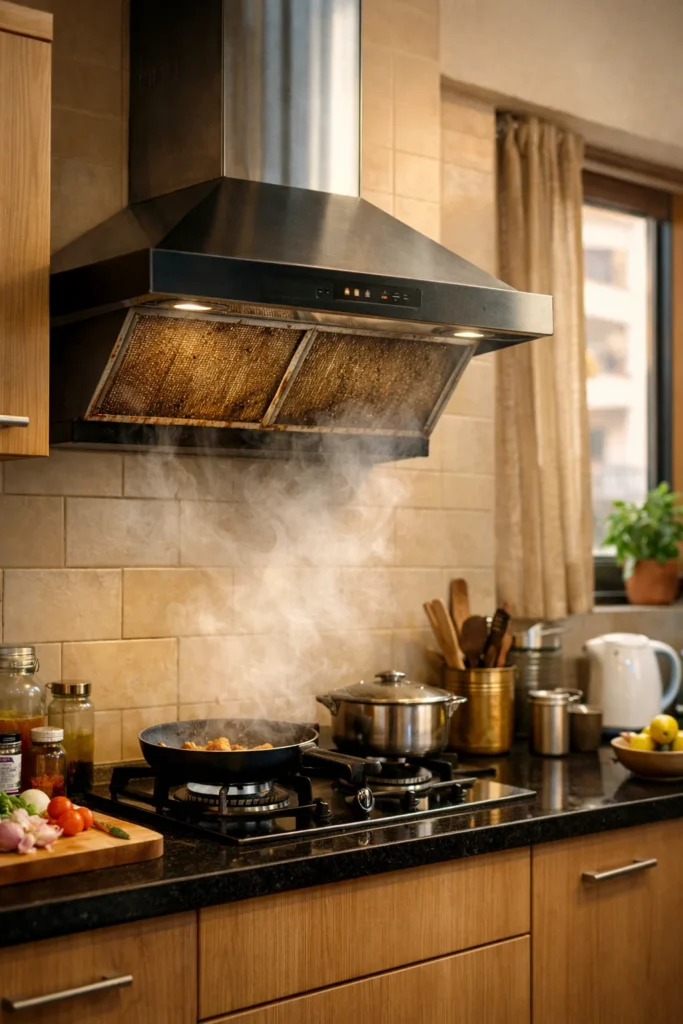 Kitchen chimney with grease-clogged filters and smoke, indicating chimney cleaning service needed in Hyderabad
