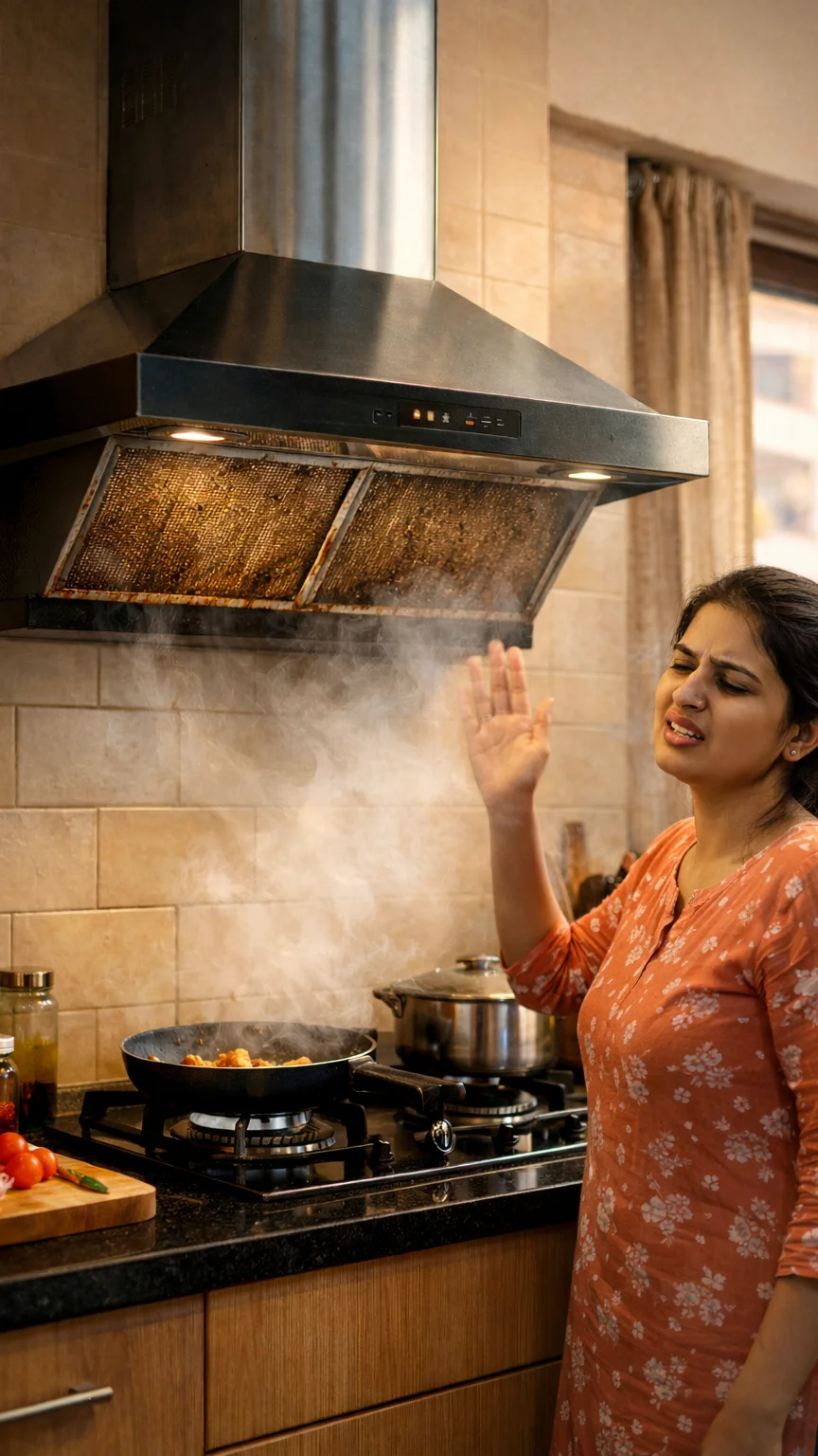 Frustrated homeowner facing smoke from a grease-clogged kitchen chimney, showing chimney cleaning service needed in Hyderabad