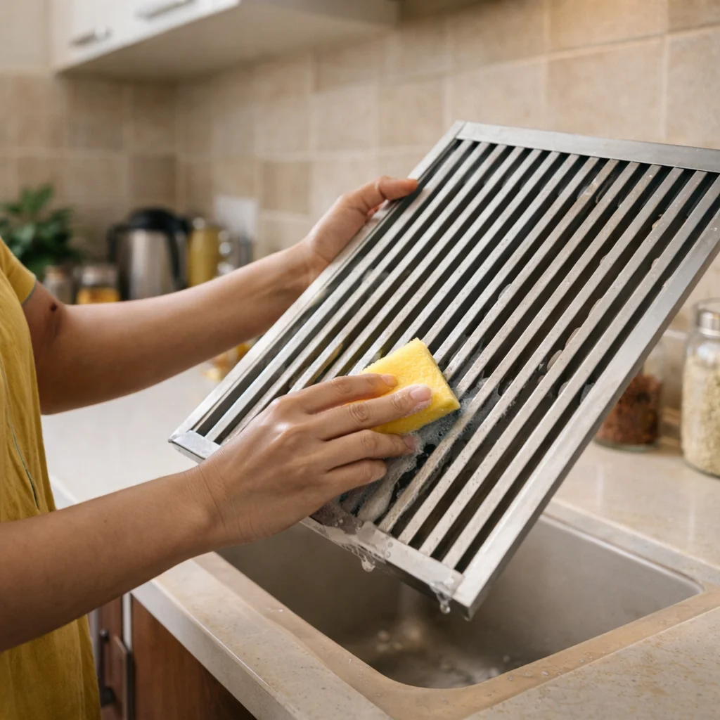 Homeowner performing kitchen maintenance chimney care by cleaning a chimney filter in a Hyderabad kitchen