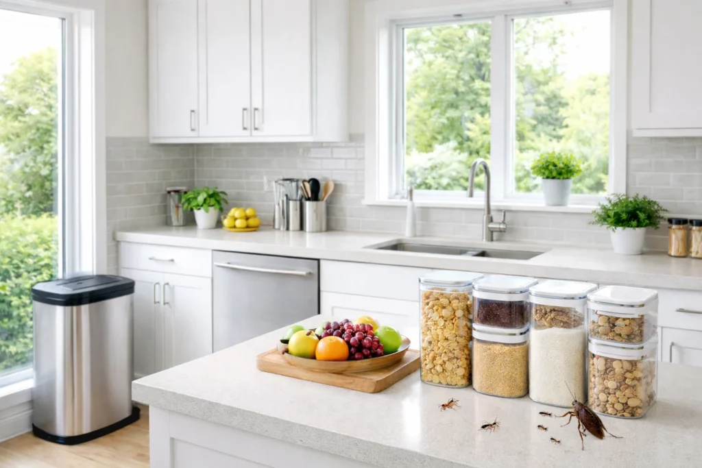 Kitchen Cleanliness , Clean residential kitchen showing the importance of kitchen hygiene for pest control in Hyderabad homes
