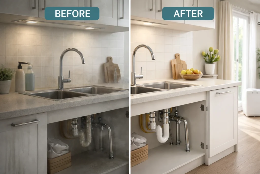 Before and after kitchen showing moisture control pest management through dry surfaces, sealed plumbing, and improved ventilation