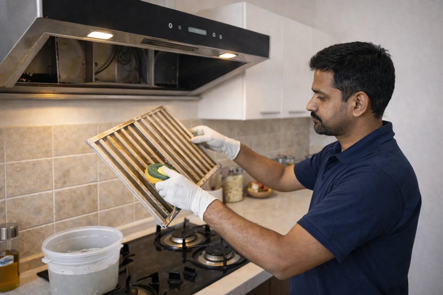 Technician from Ghar Raksha Services performing deep cleaning of a kitchen chimney filter