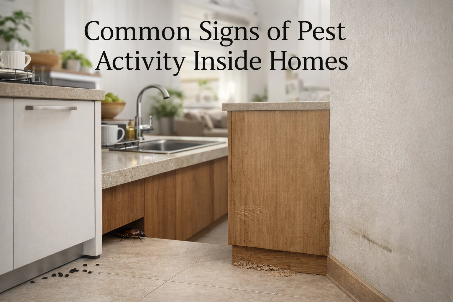 Signs of pest activity at home in Hyderabad including cockroach presence, rodent droppings, and termite damage in a kitchen