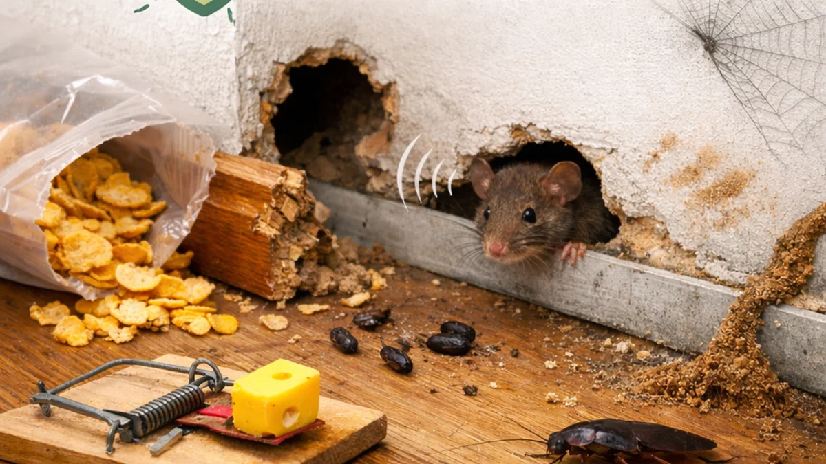 Signs of pest activity at home in Hyderabad including rodent droppings, cockroach presence, and wall damage in a residential house