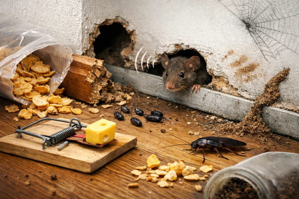 Signs of pest activity at home showing rodent droppings, cockroach presence, and wall damage inside a residential house