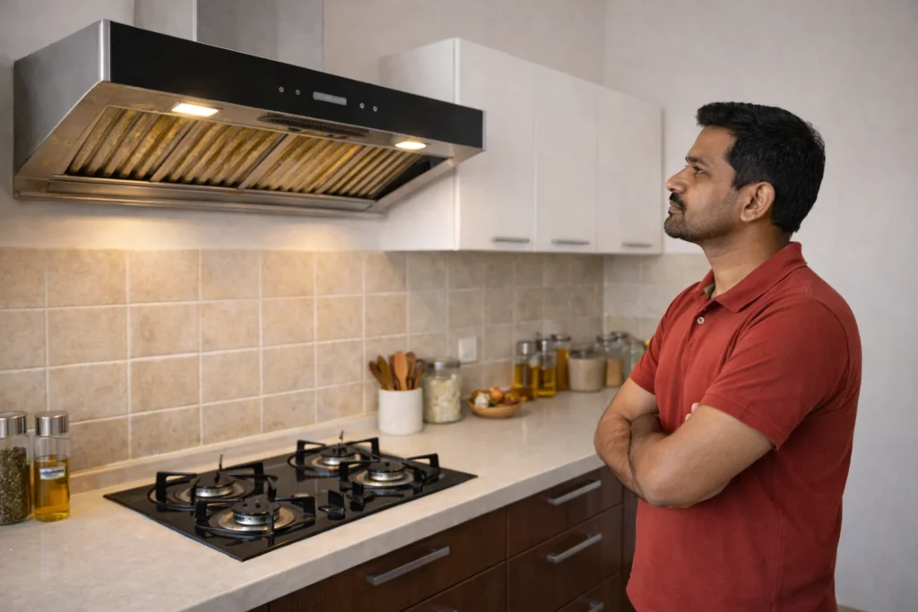 Homeowner observing grease buildup on a kitchen chimney, highlighting the importance of chimney cleaning