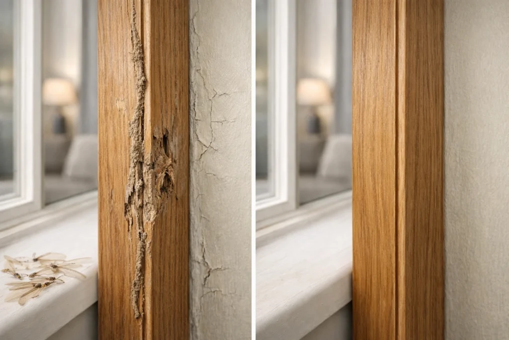 Split image showing early signs of termites on damaged wood compared to healthy wooden surface