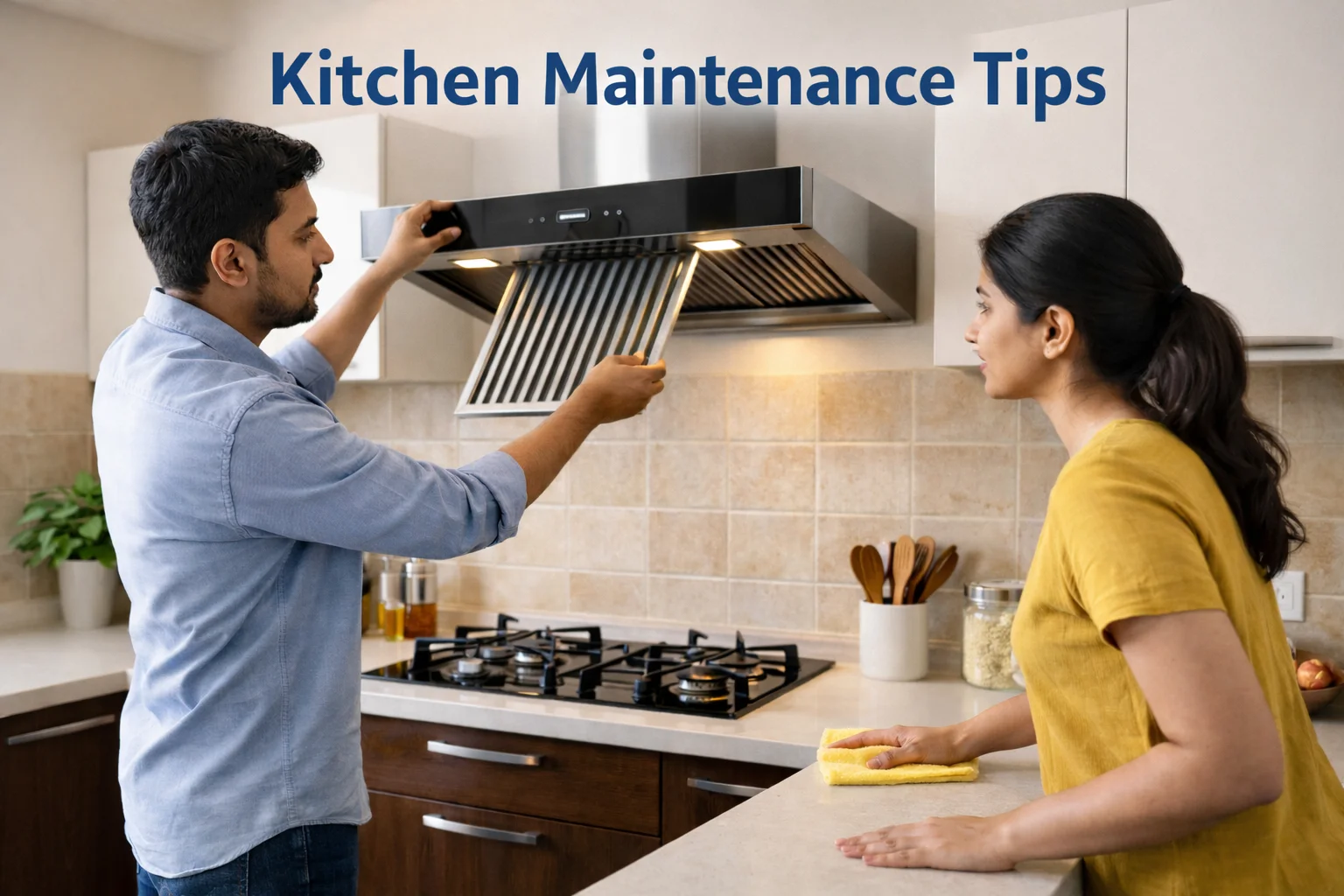 Indian man and woman performing kitchen maintenance chimney care in a Hyderabad home